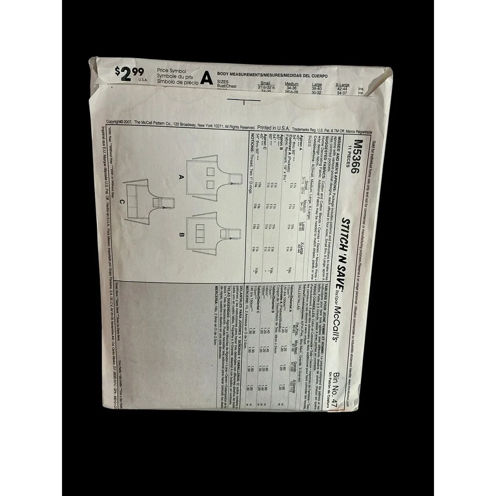 UNCUT McCall's Easy Stitch 'n Save M5366 Apron Unisex S-XL Pattern